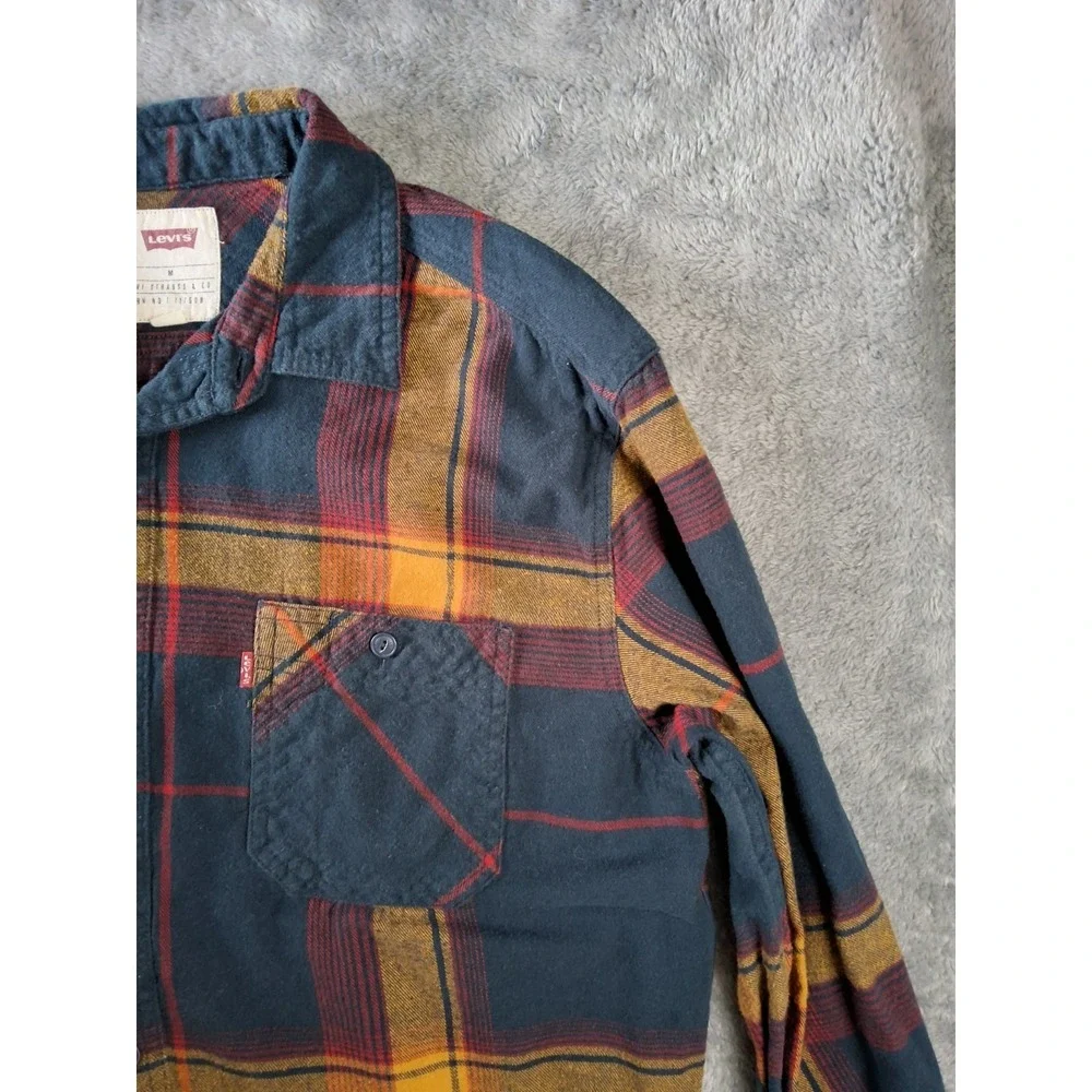 Levis Shirt Mens Medium‎ Red Orane Button Madras Plaid Flannel Long Sleeve